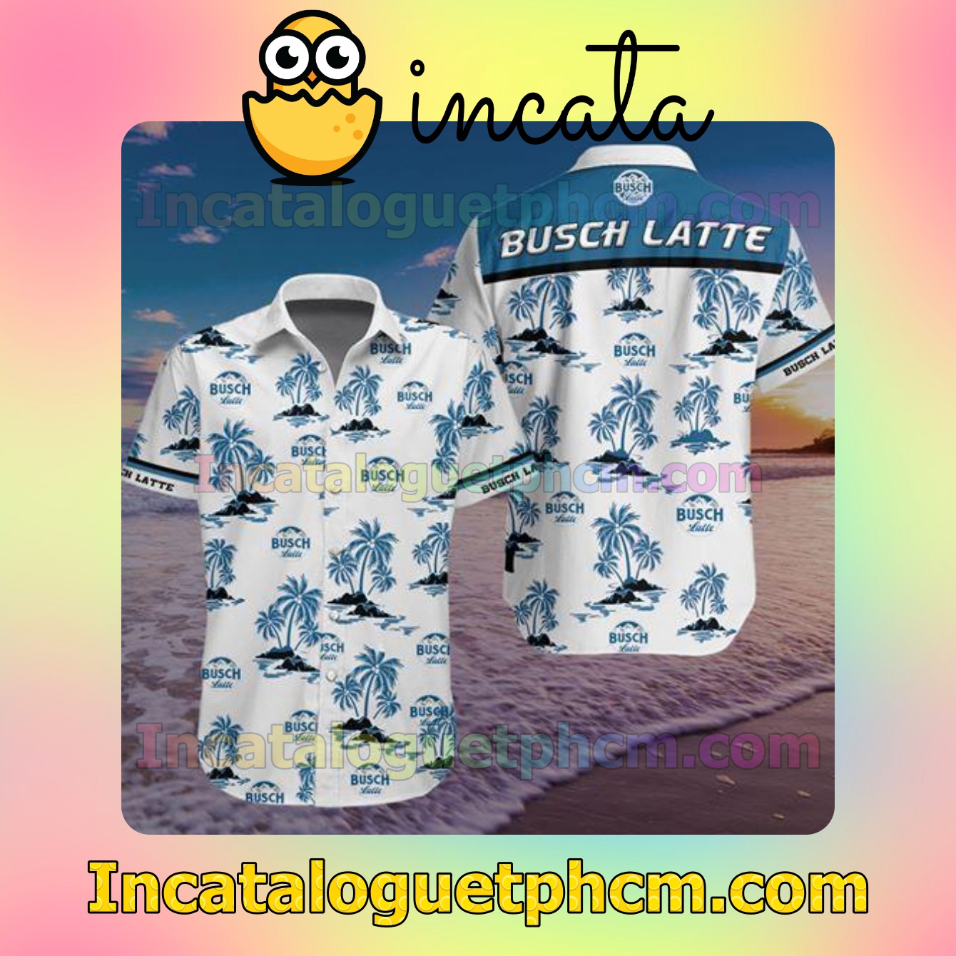 Busch Latte Blue Palm Tree White Mens Short Sleeve Shirts