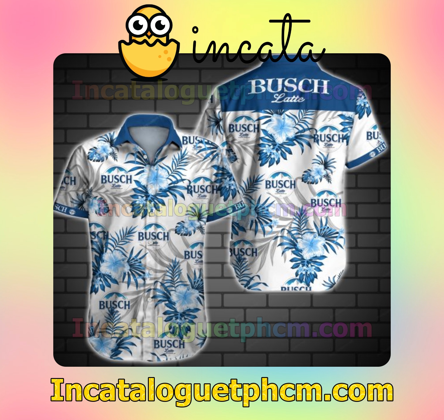 Busch Latte Logo And Blue Hibiscus On White Mens Short Sleeve Shirts