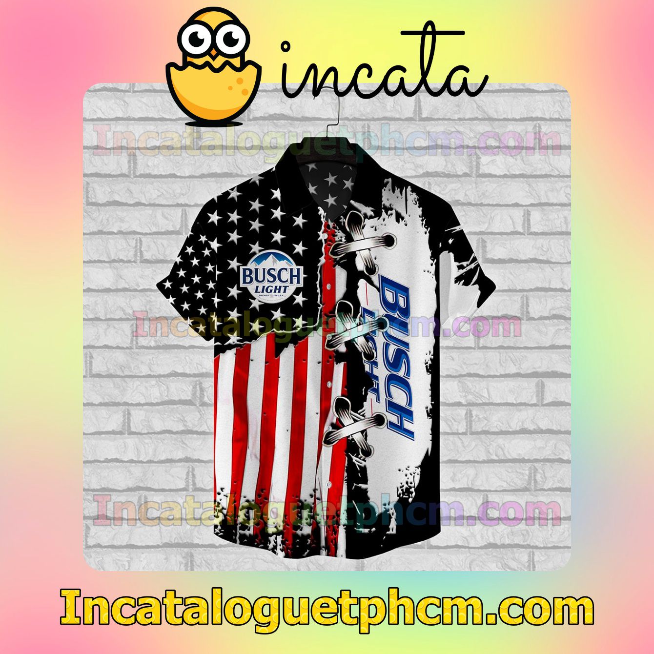 Busch Light American Flag Color Button Shirt And Swim Trunk