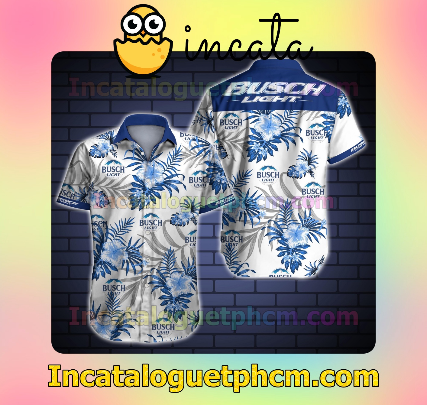 Busch Light Blue Tropical Pattern White Mens Short Sleeve Shirts