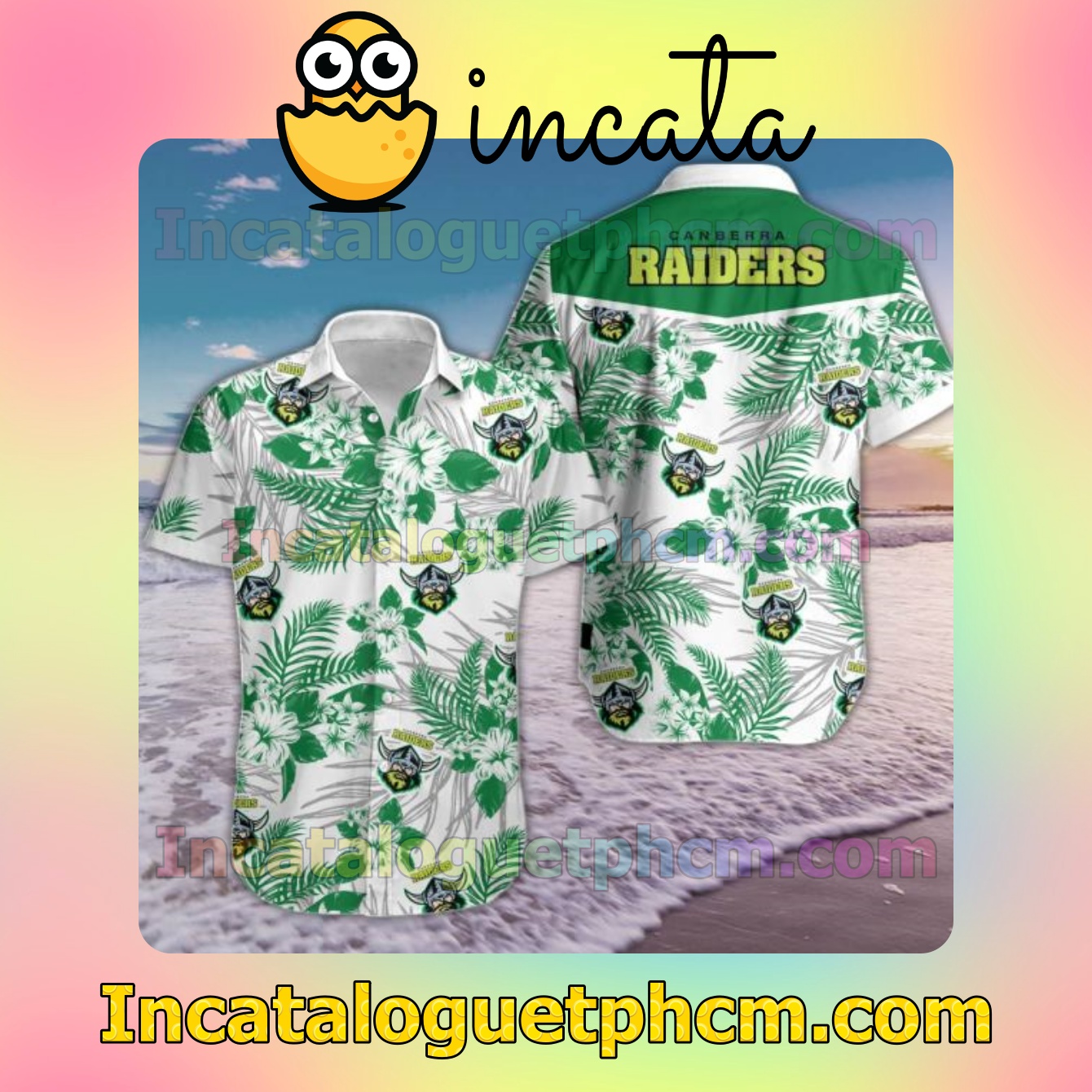 Canberra Raiders Green Tropical Floral White Mens Short Sleeve Shirts