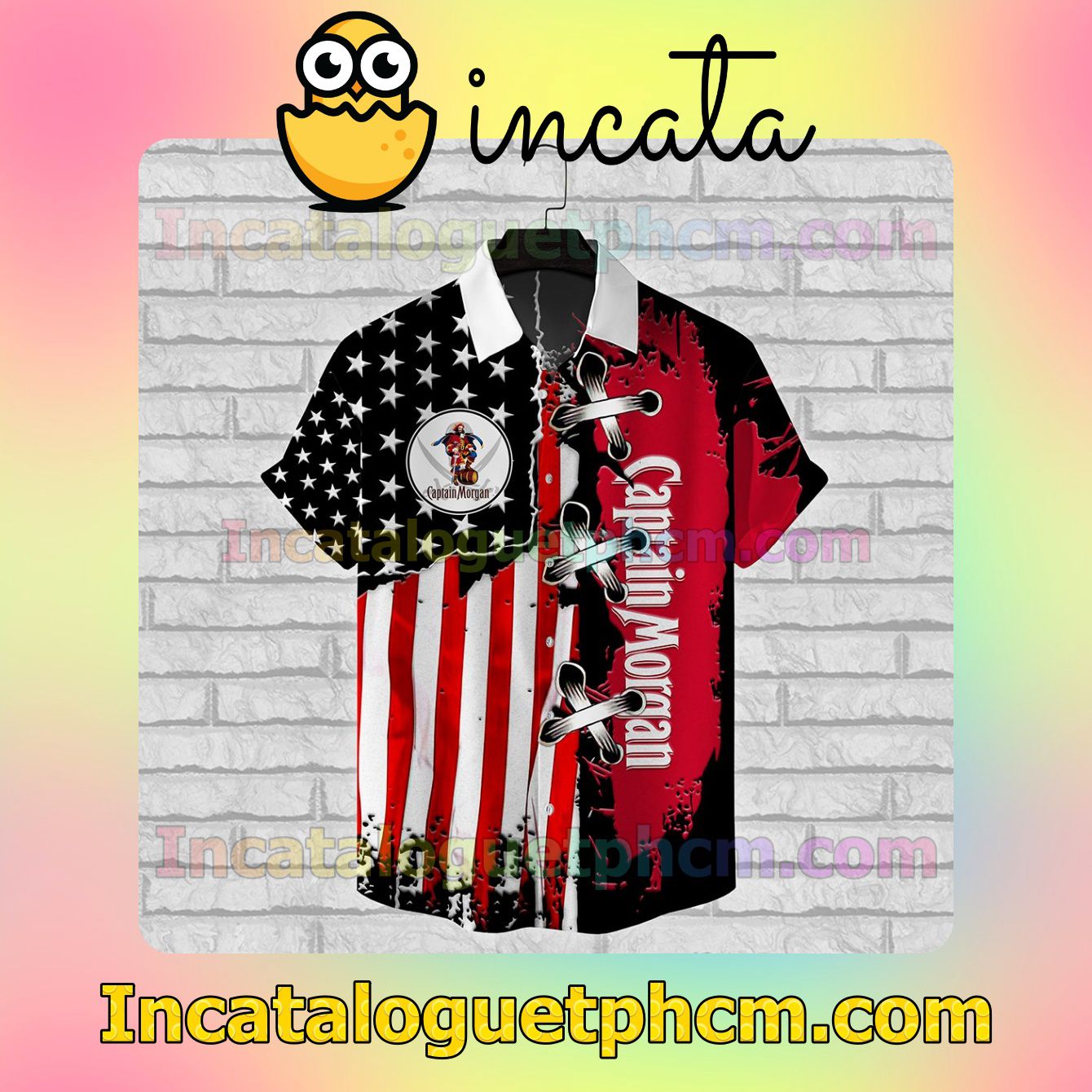 Captain Morgan American Flag Color Button Shirt And Swim Trunk