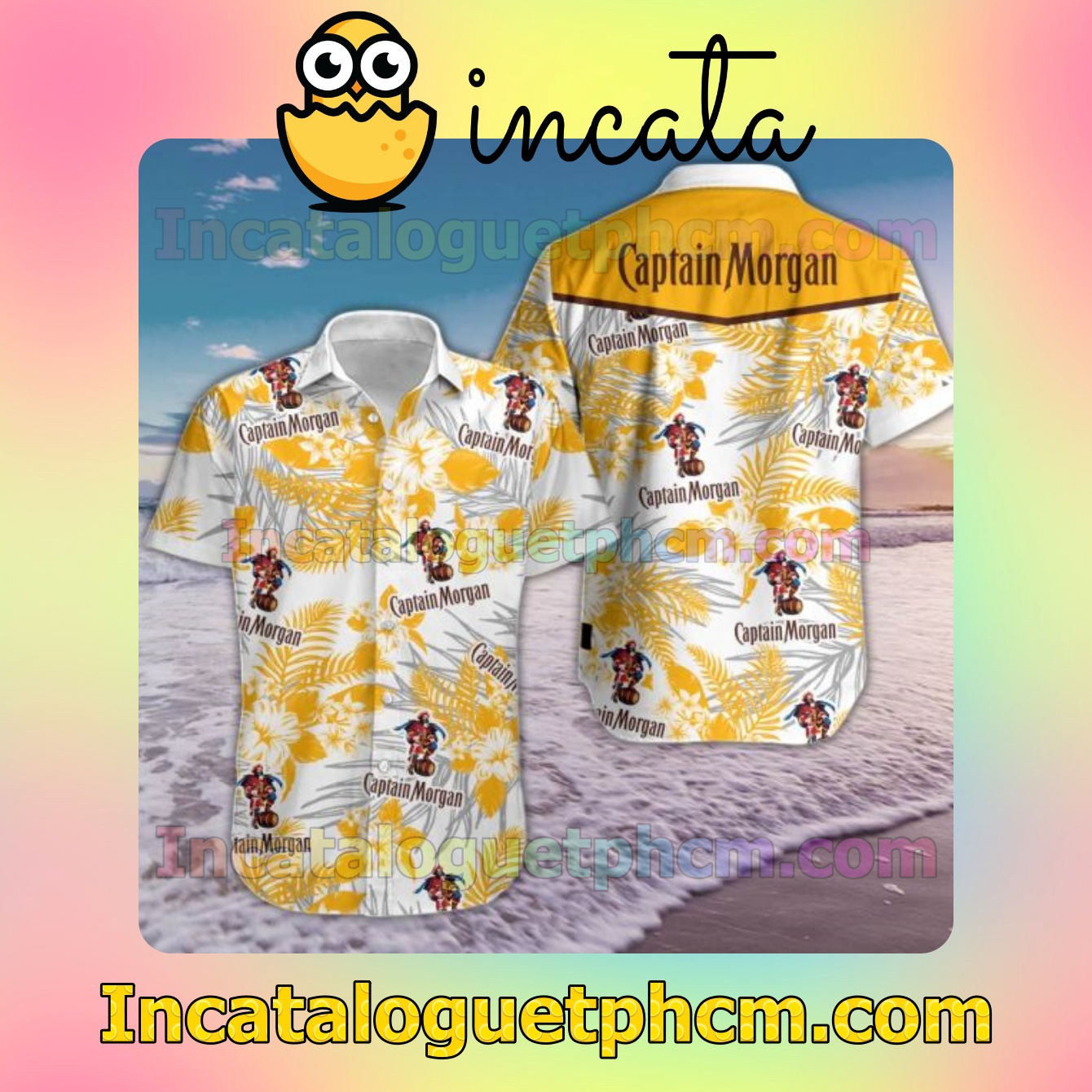 Captain Morgan Yellow Tropical Floral White Mens Short Sleeve Shirts