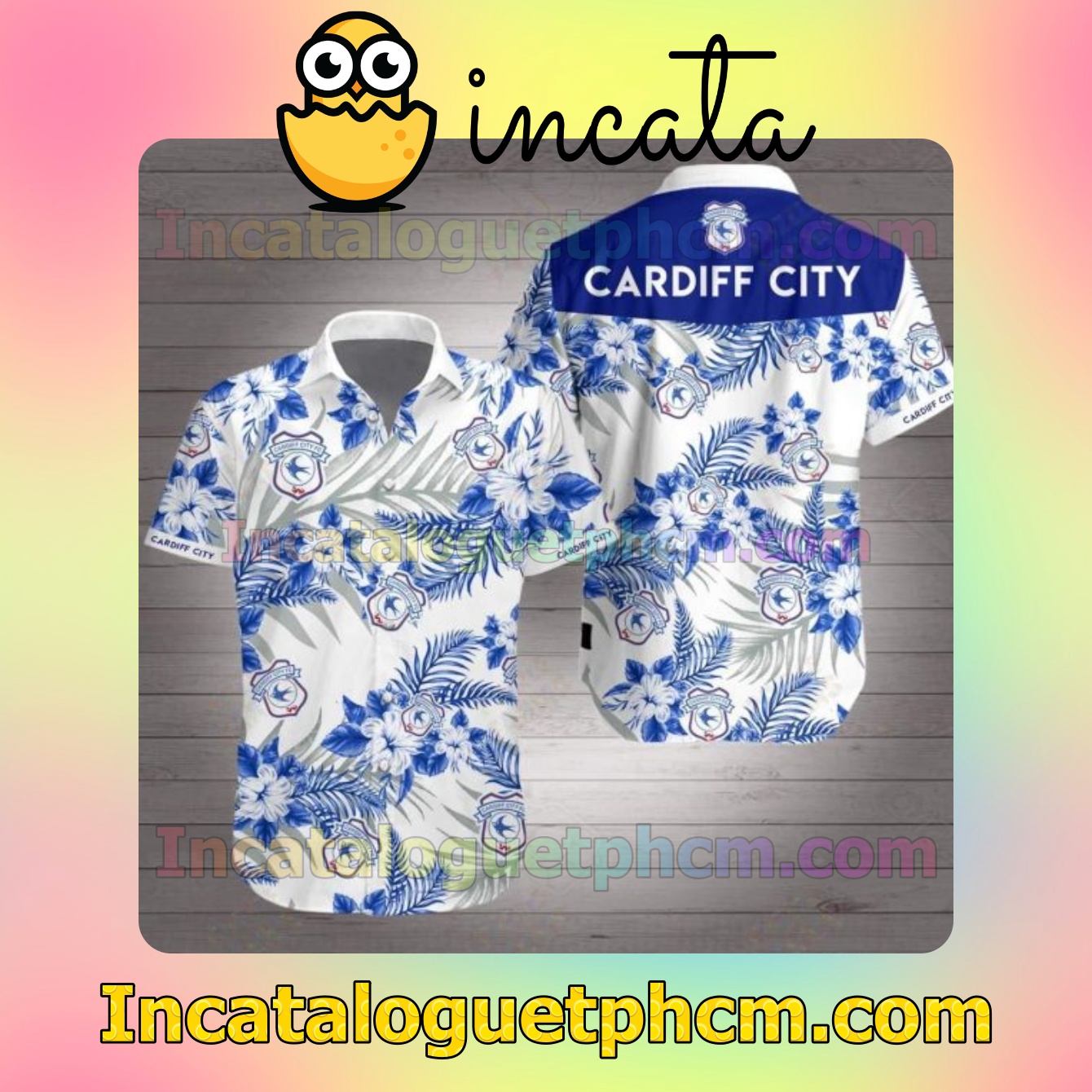 Cardiff City Blue Tropical Floral White Mens Short Sleeve Shirts