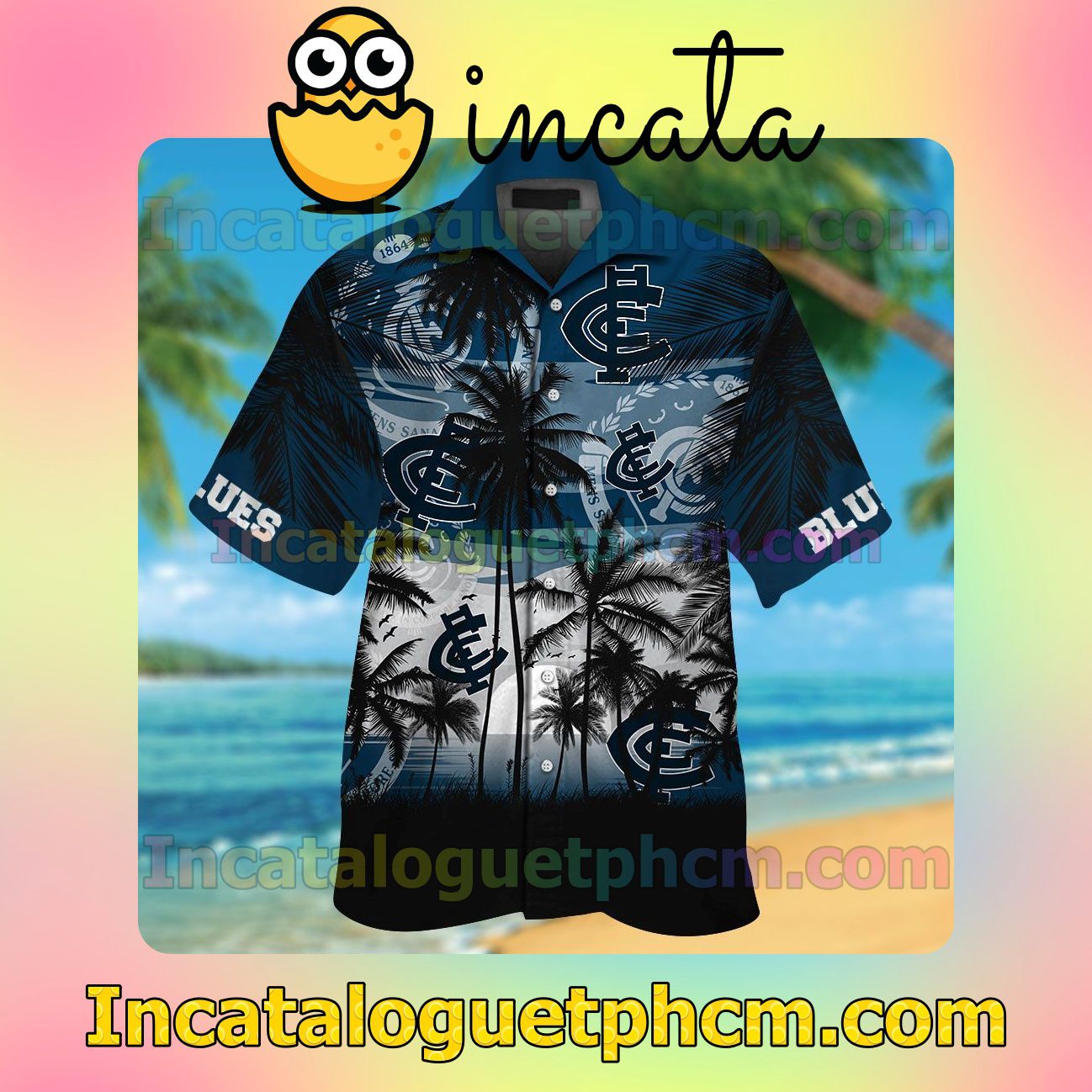 Carlton Blues Beach Vacation Shirt, Swim Shorts