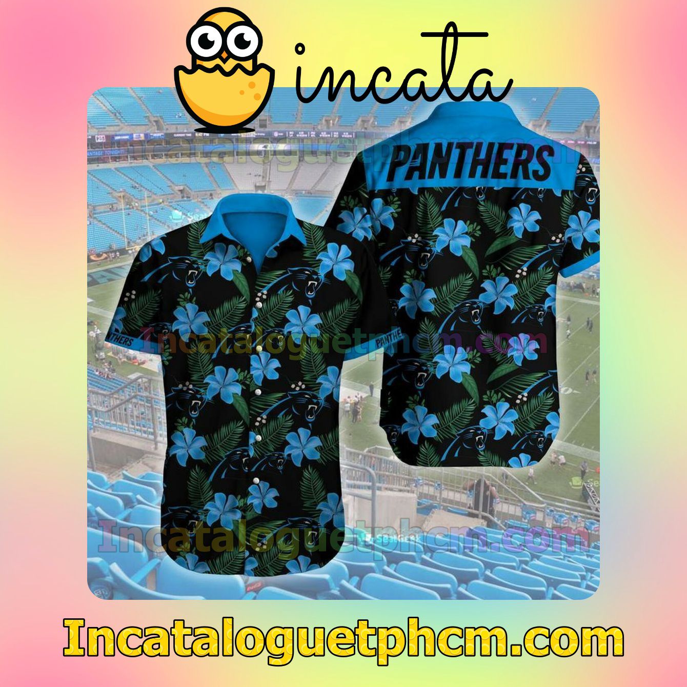 Carolina Panthers Blue Flowers On Black Short Sleeve Shirt