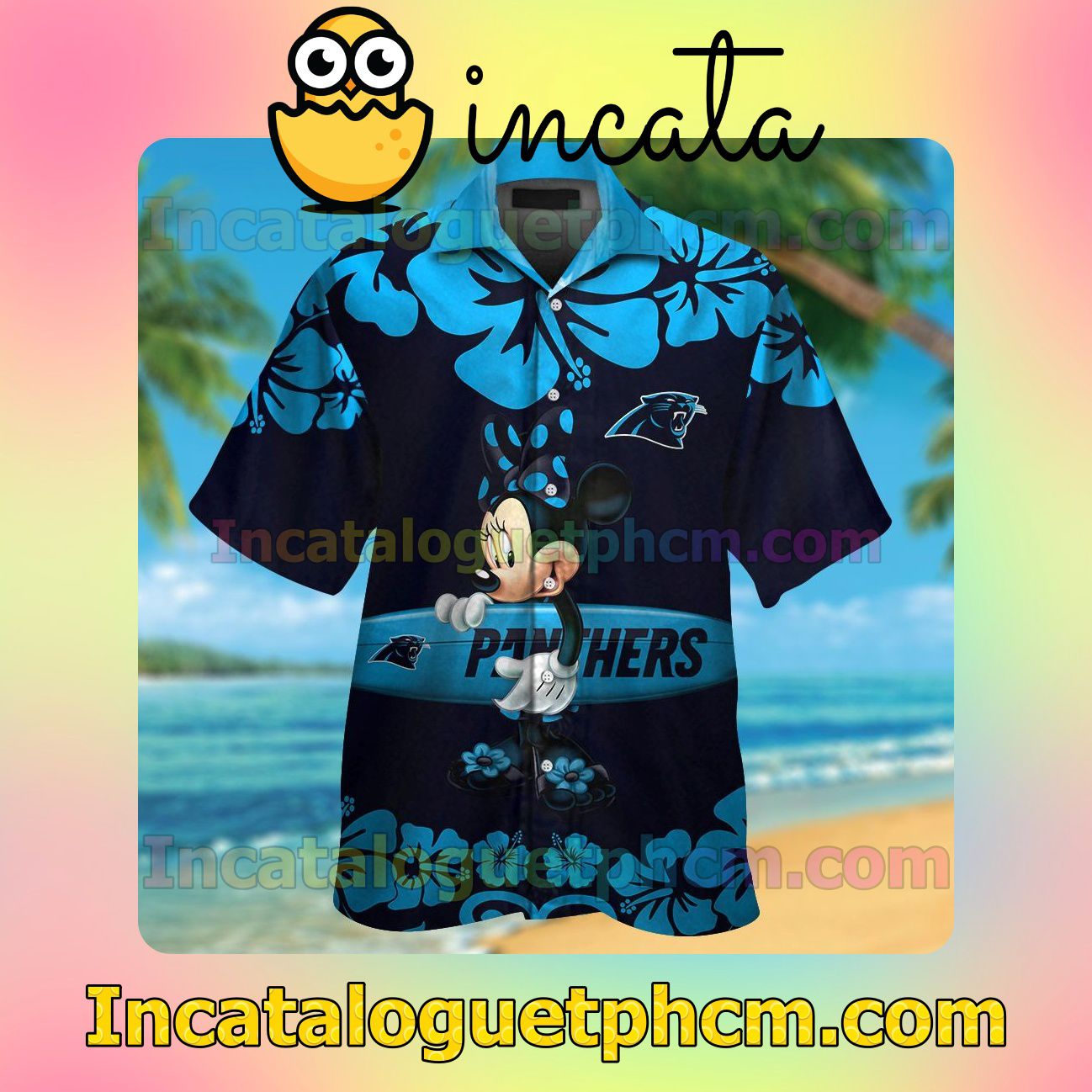 Carolina Panthers & Minnie Mouse Beach Vacation Shirt, Swim Shorts