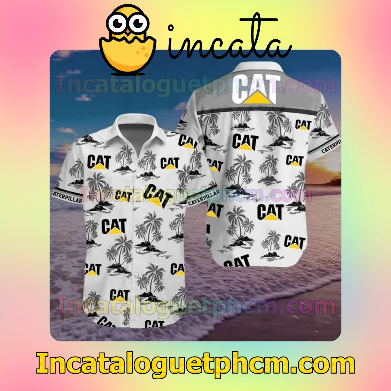 Caterpillar Cat Logo Grey Tropical Palm Tree White Mens Short Sleeve Shirts