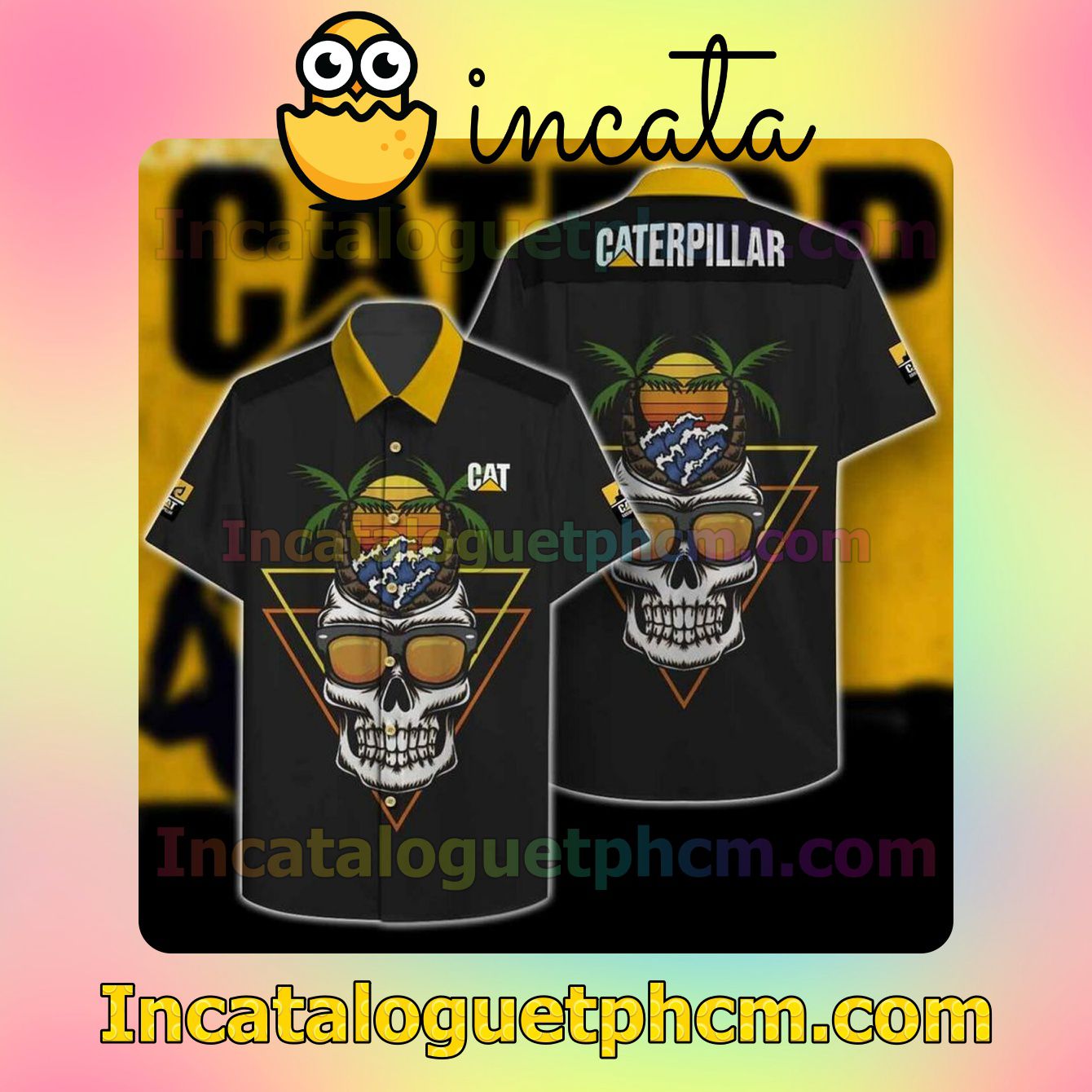 Caterpillar Inc Skull Holiday Beach Sunset Retro Short Sleeve Shirt