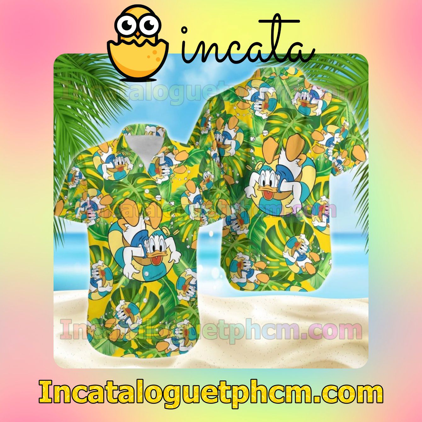 Chilling Donald Duck Disney Tropical Leaves Pattern Button Shirt And Swim Trunk