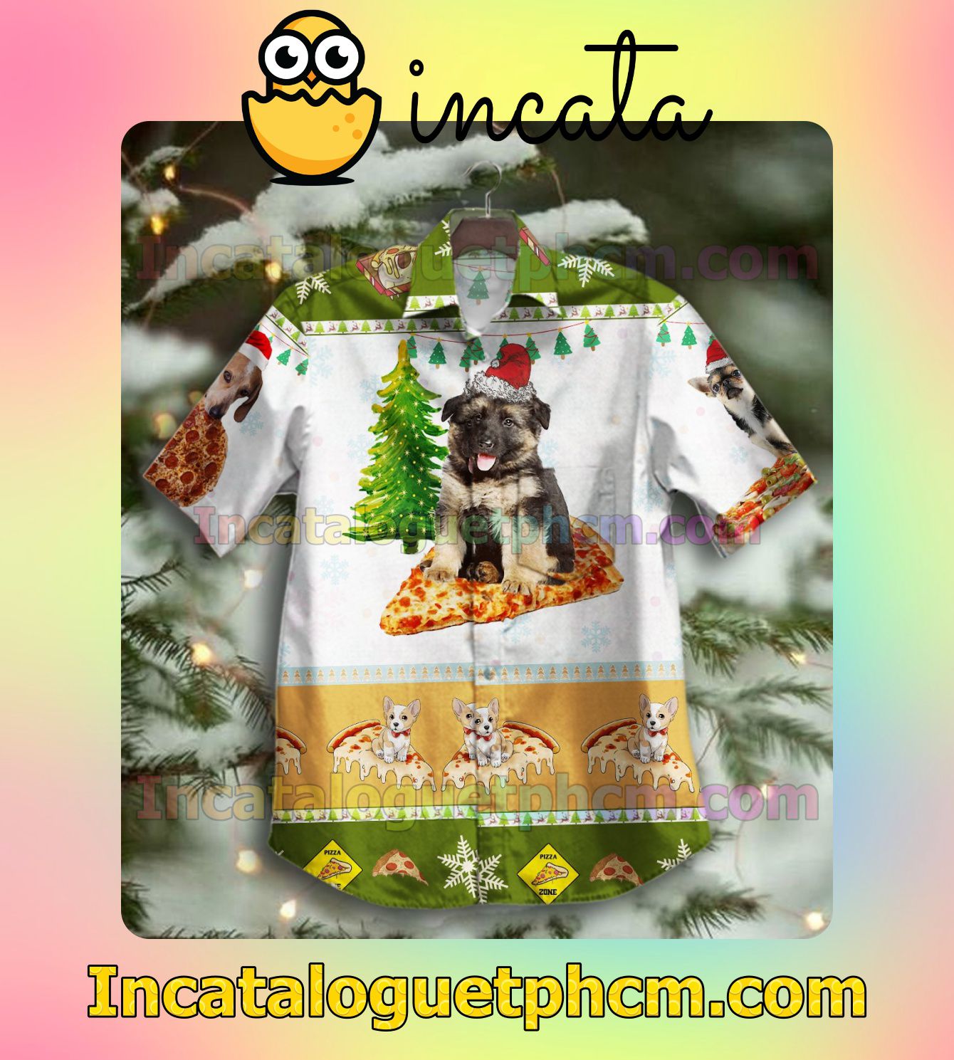 Christmas Pizza And Dogs Men Vacation Shirts