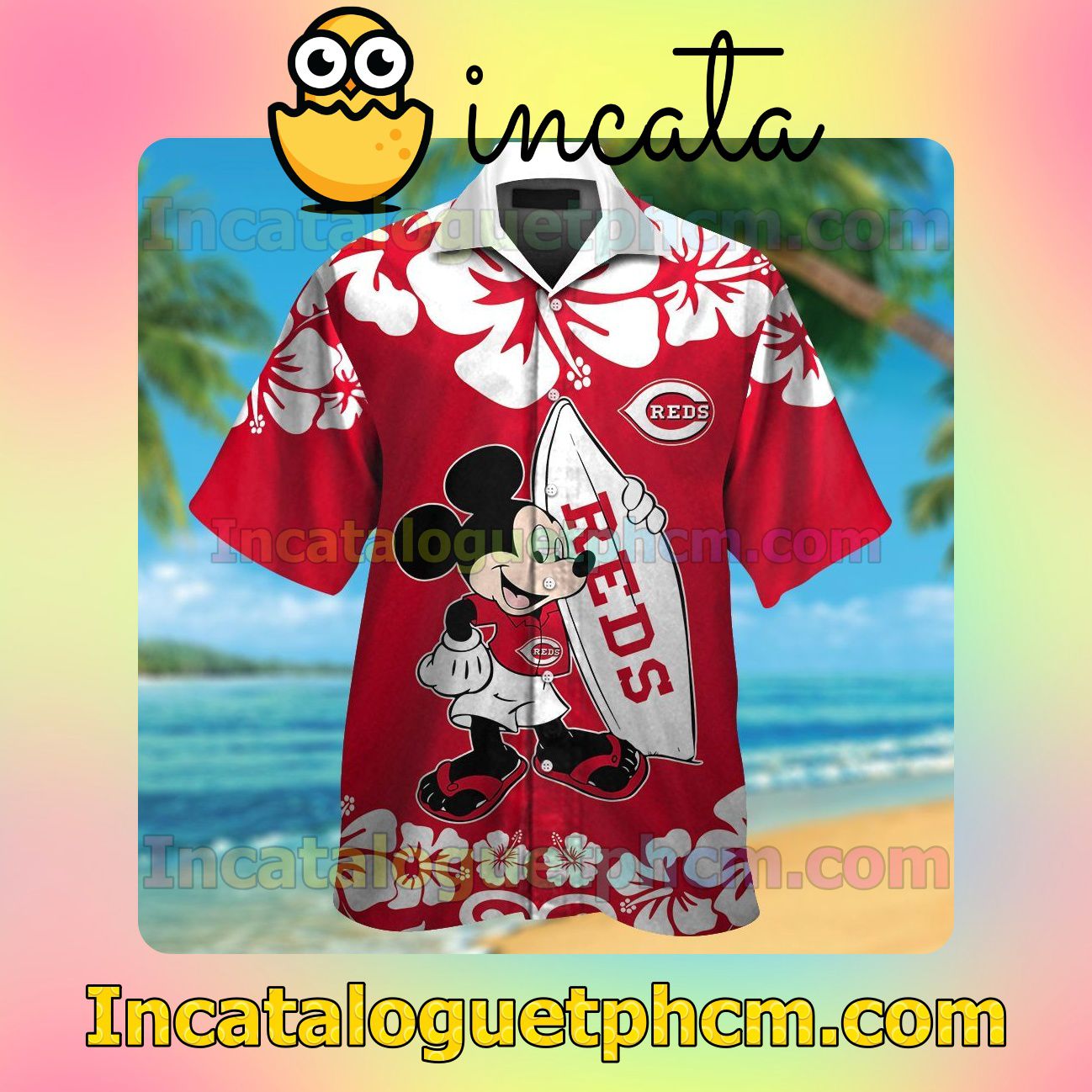 Cincinnati Reds Mickey Mouse Beach Vacation Shirt, Swim Shorts