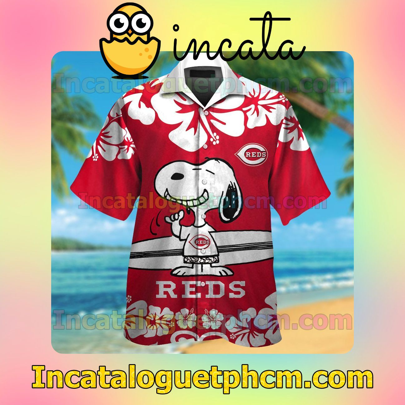 Cincinnati Reds Snoopy Beach Vacation Shirt, Swim Shorts