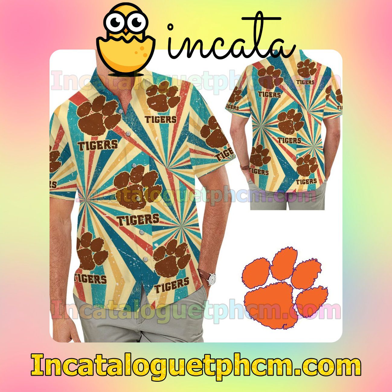 Clemson Tigers Retro Vintage Style Beach Vacation Shirt, Swim Shorts