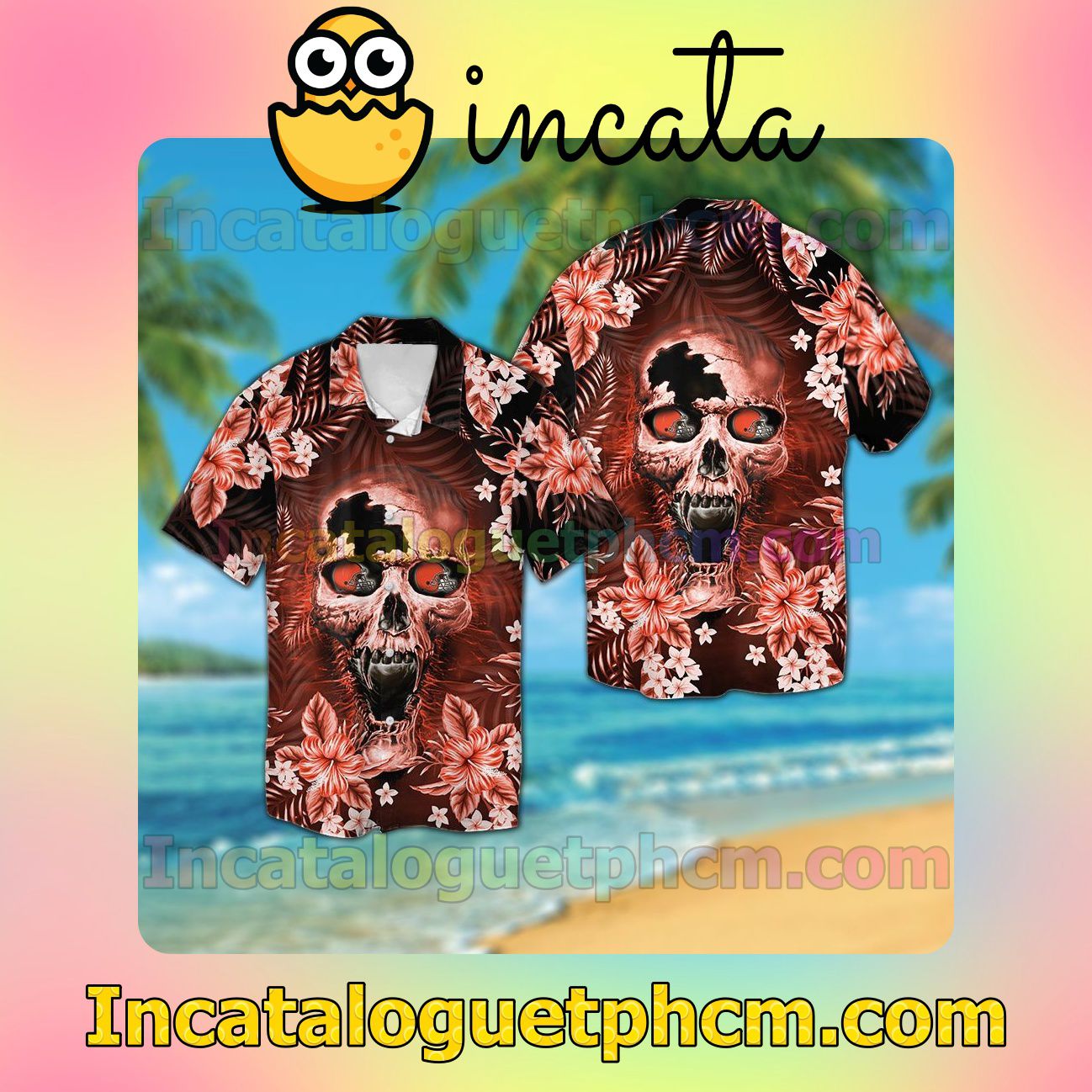 Cleveland Browns Skull Beach Vacation Shirt, Swim Shorts