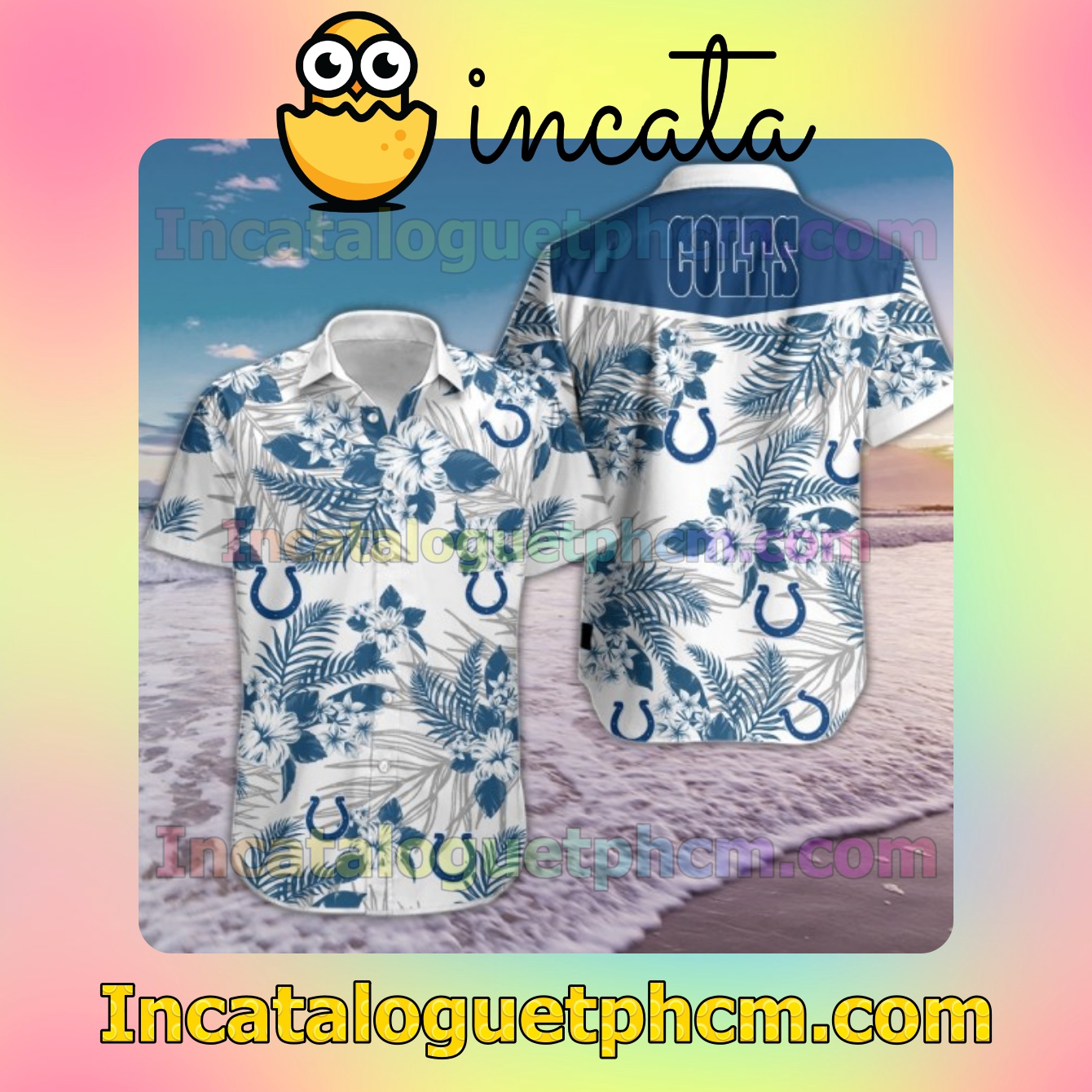 Colts Blue Tropical Floral White Mens Short Sleeve Shirts