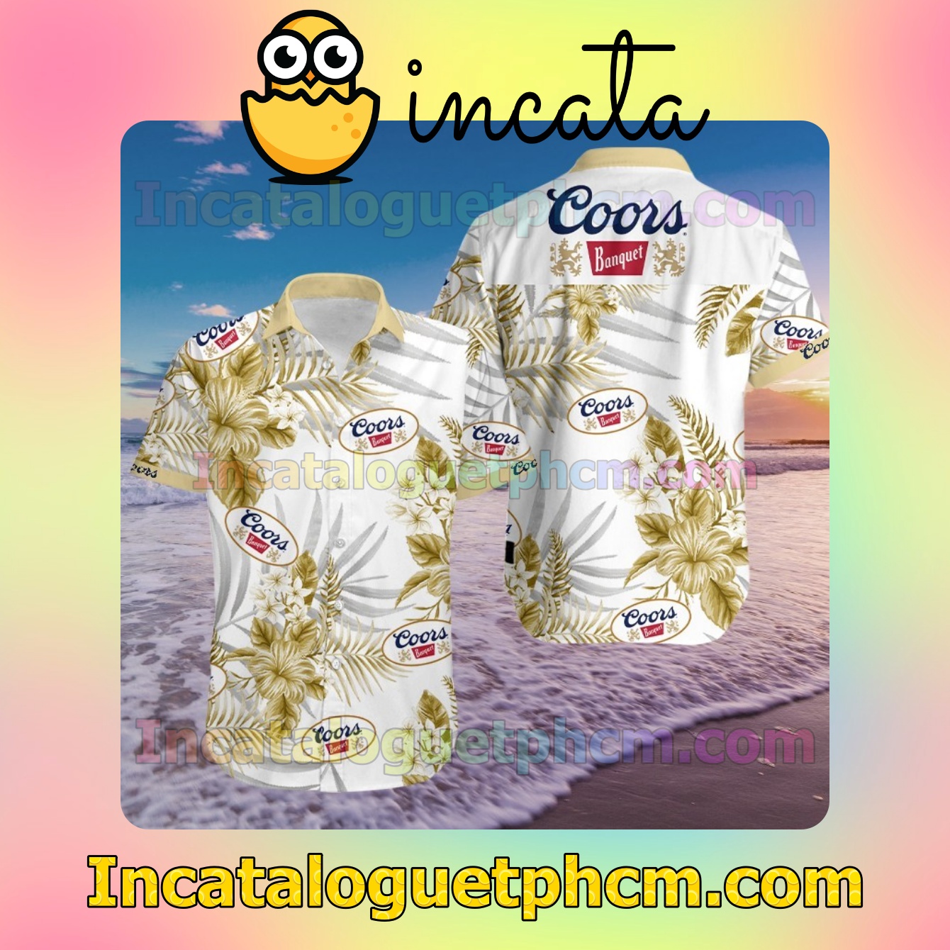 Coors Banquet Gold Tropical Floral White Mens Short Sleeve Shirts