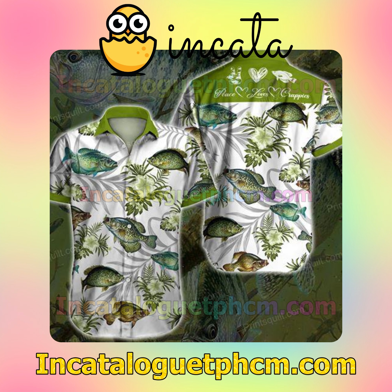 Crappie Lovers Peace Loves Crappies Green Tropical Floral White Mens Short Sleeve Shirts