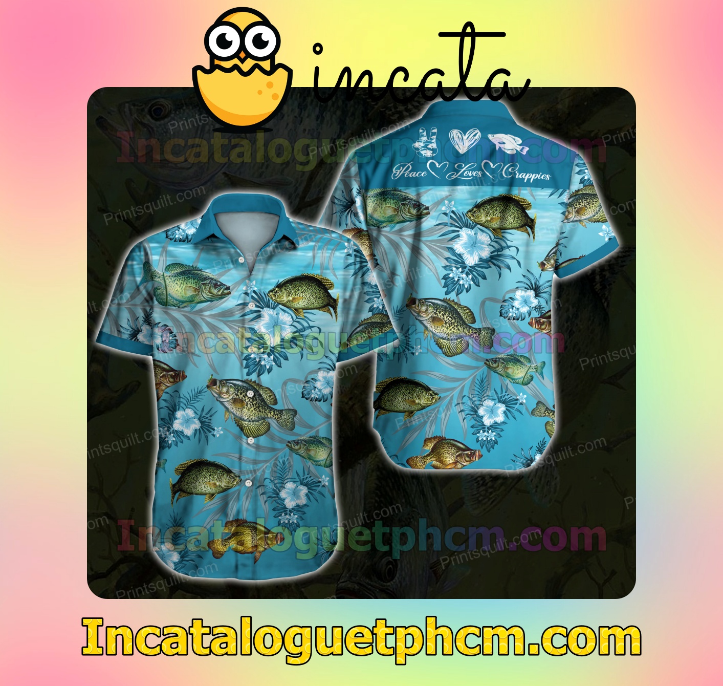 Crappie Lovers Peace Loves Crappies Tropical Floral Blue Mens Short Sleeve Shirts