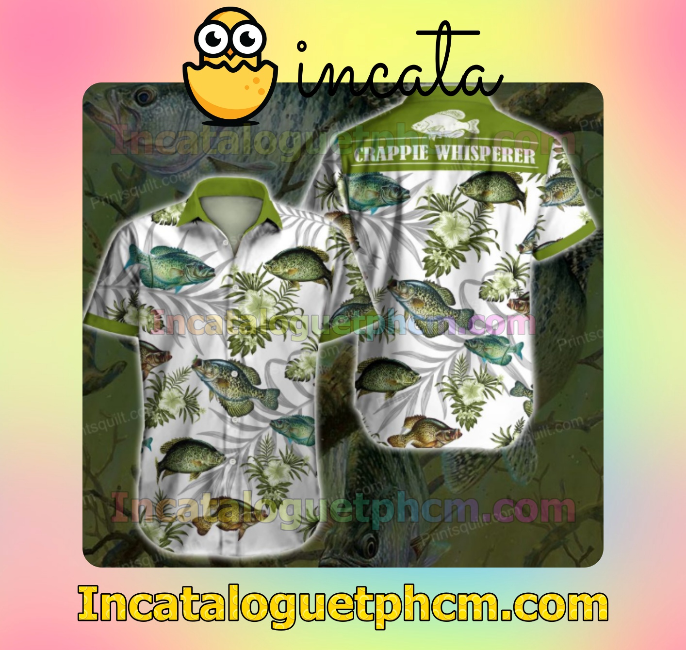 Crappie Whisperer Green Tropical Floral White Mens Short Sleeve Shirts