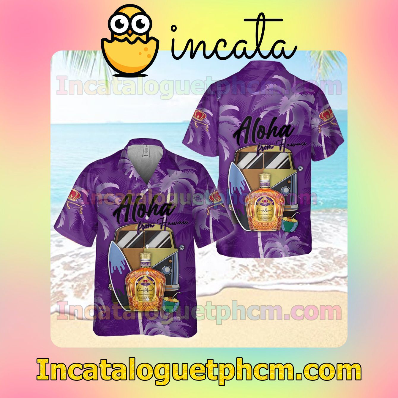 Crown Royal Logo Purple Yellow Button Shirt And Swim Trunk