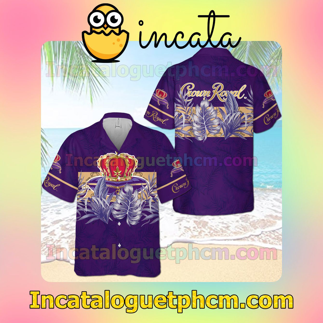 Crown Royal Purple Yellow Button Shirt And Swim Trunk
