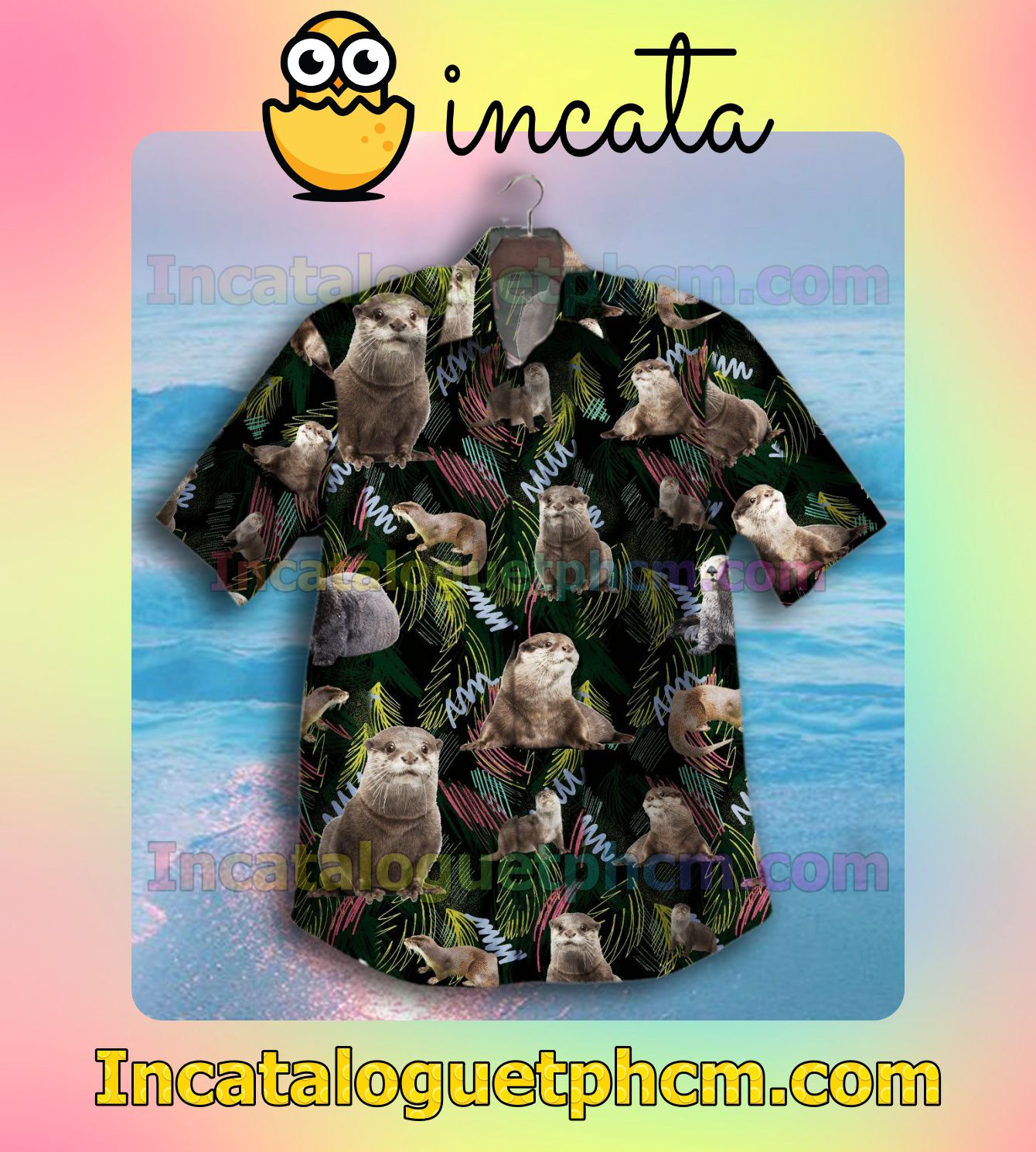 Cute Otters Palm Leaves Mens Short Sleeve Shirt