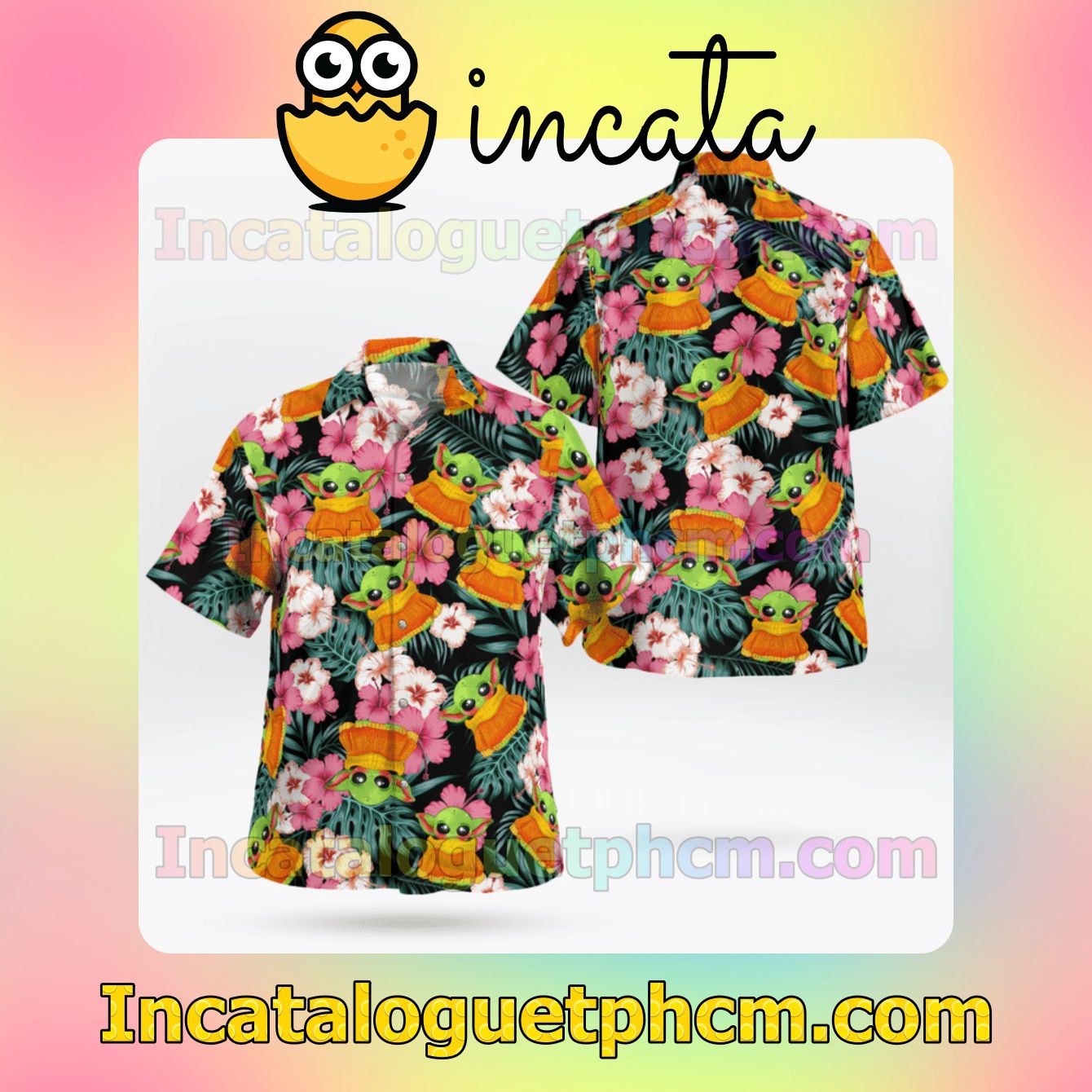 Cute Star Wars The Child Tropical Leaf Hibiscus Mens Short Sleeve Shirts, Beach Shorts
