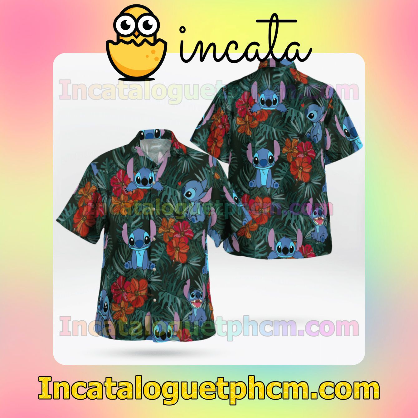 Cute Stitch Tropical Hibiscus Leaf Mens Short Sleeve Shirts