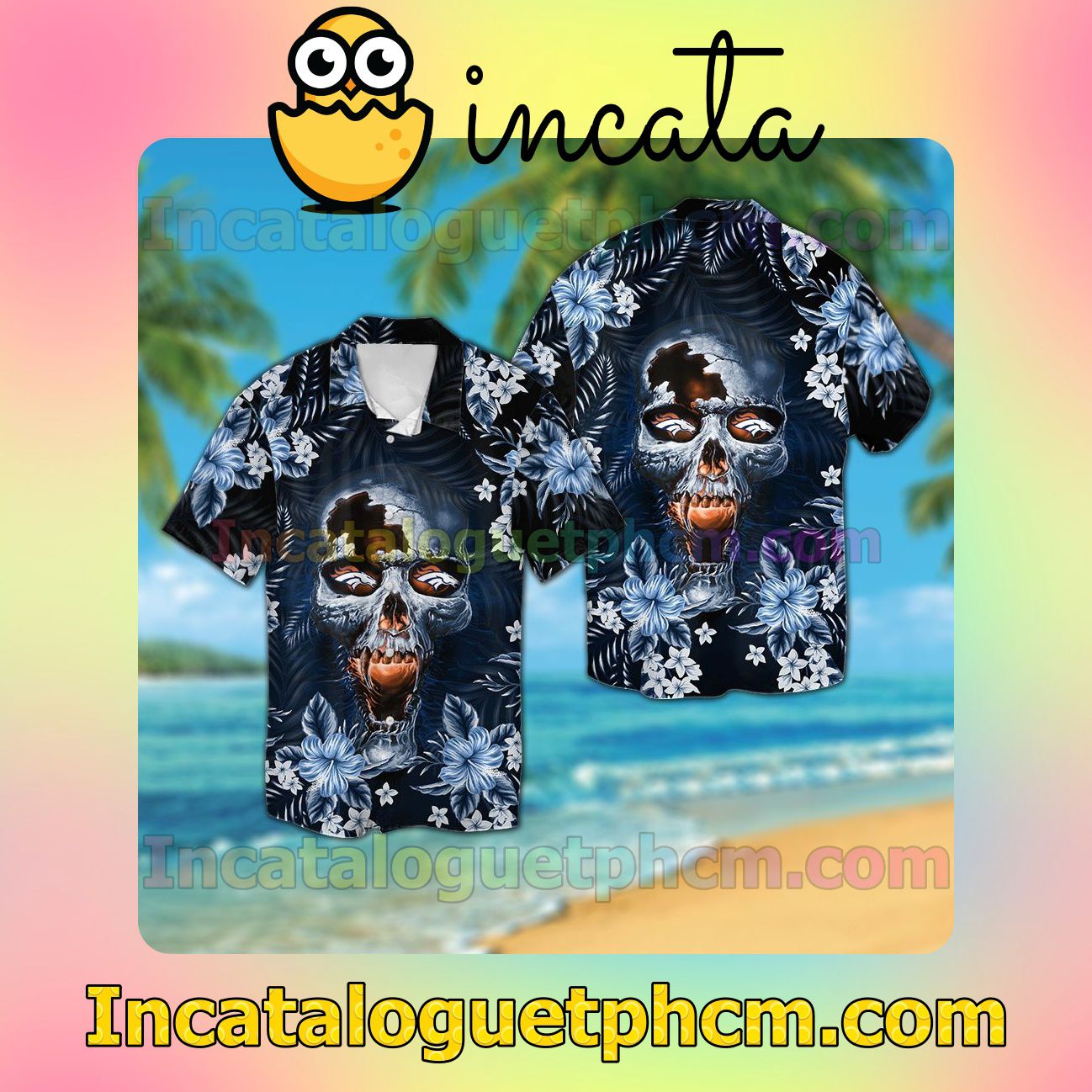 Denver Broncos Skull Beach Vacation Shirt, Swim Shorts