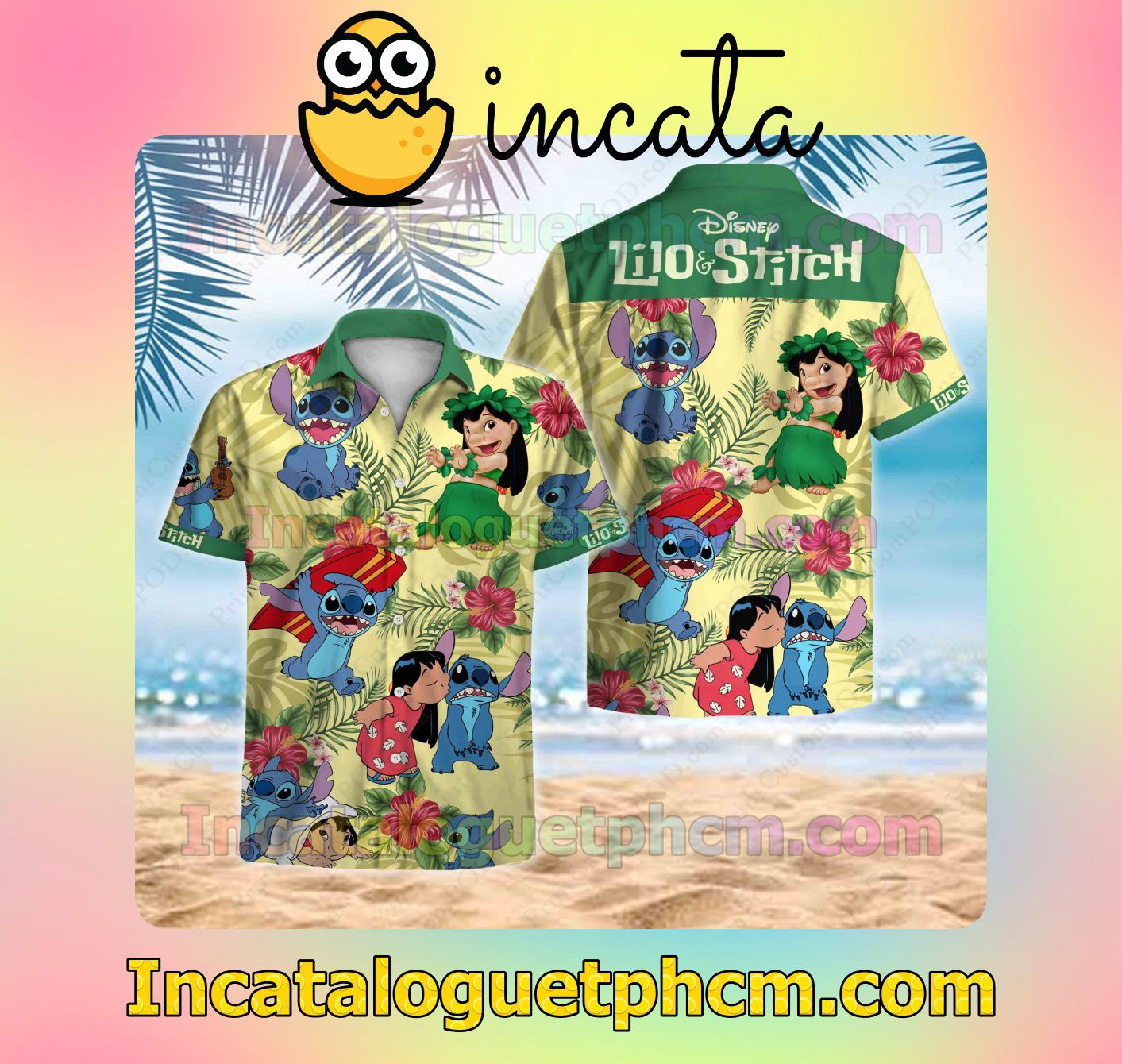 Disney Lilo Stitch Tropical Hibiscus Yellow Men's Casual Shirts