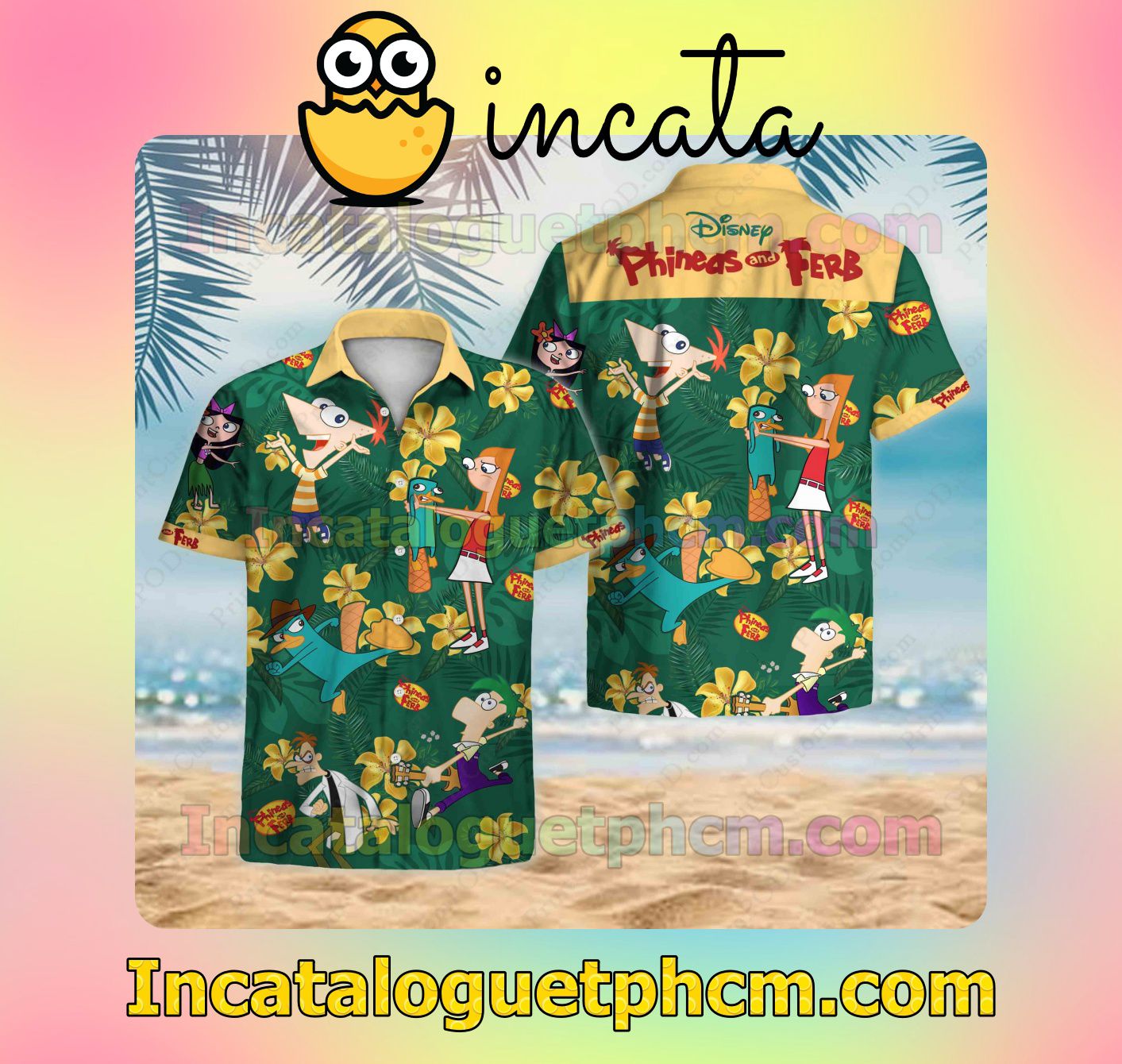 Disney Phineas And Ferb Yellow Tropical Flower Green Men's Casual Shirts
