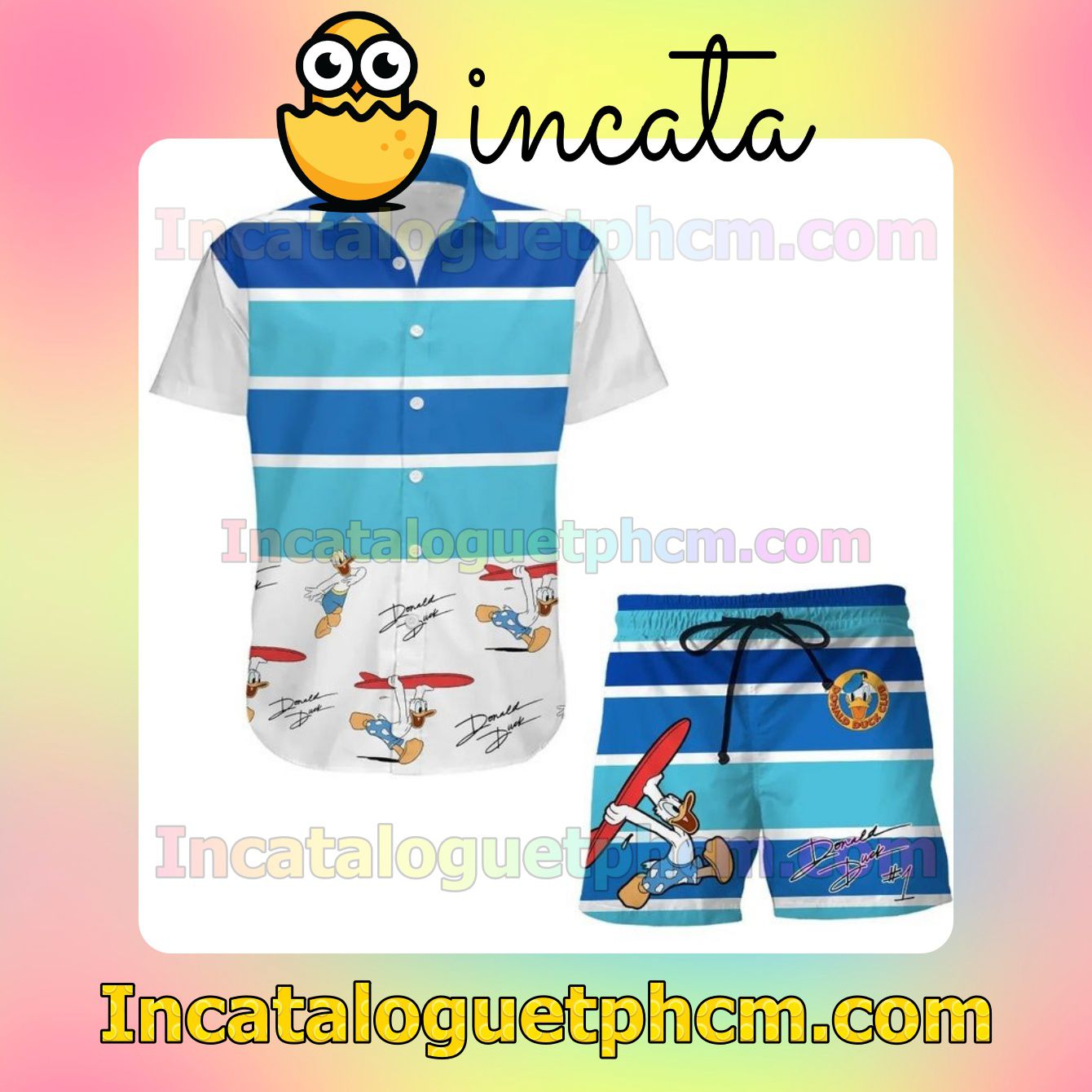 Goofy Dog Surfing Disney Cartoon Graphics Beige Button Shirt And Swim Trunk