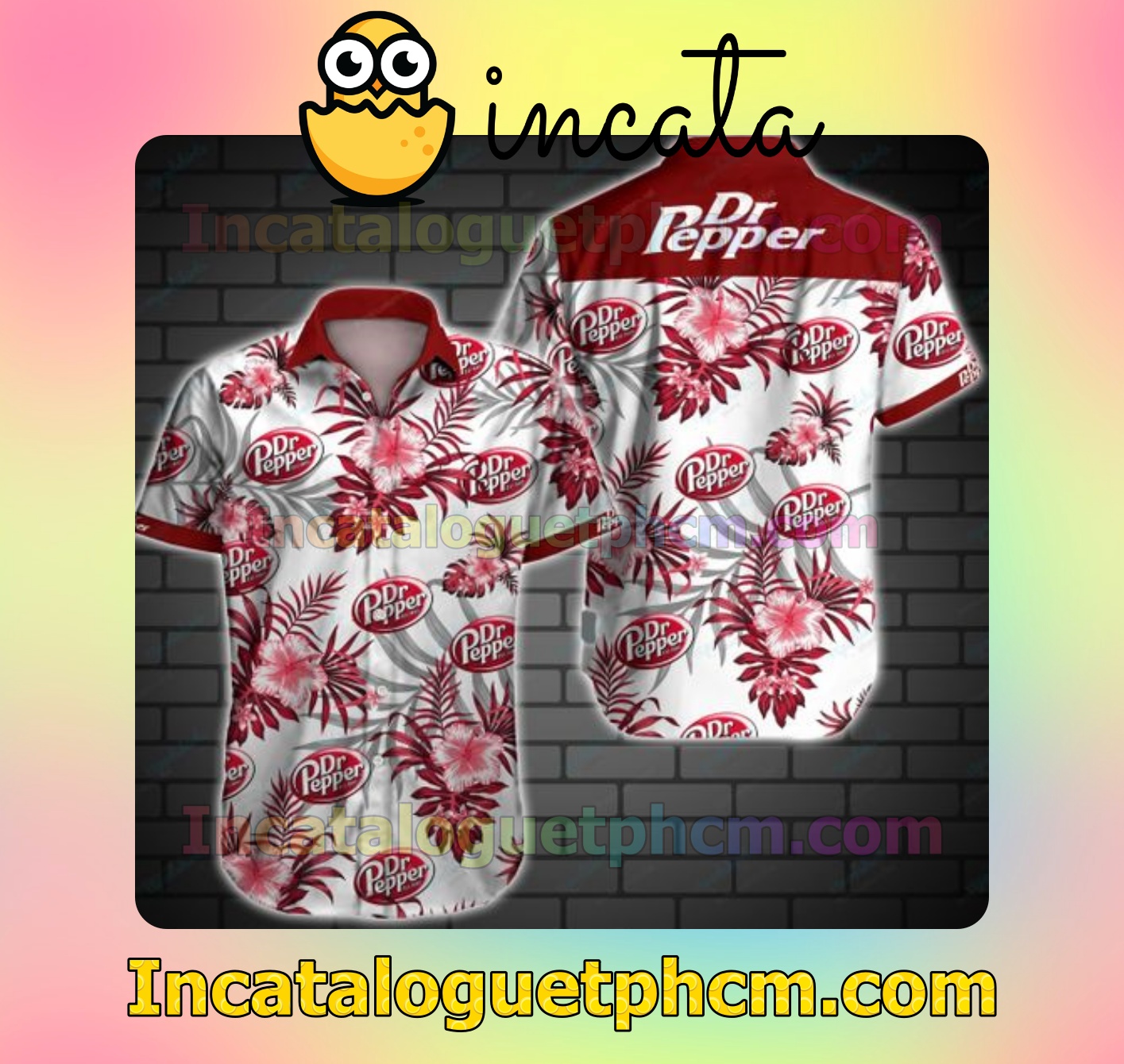 Dr Pepper Red Tropical Floral White Mens Short Sleeve Shirts