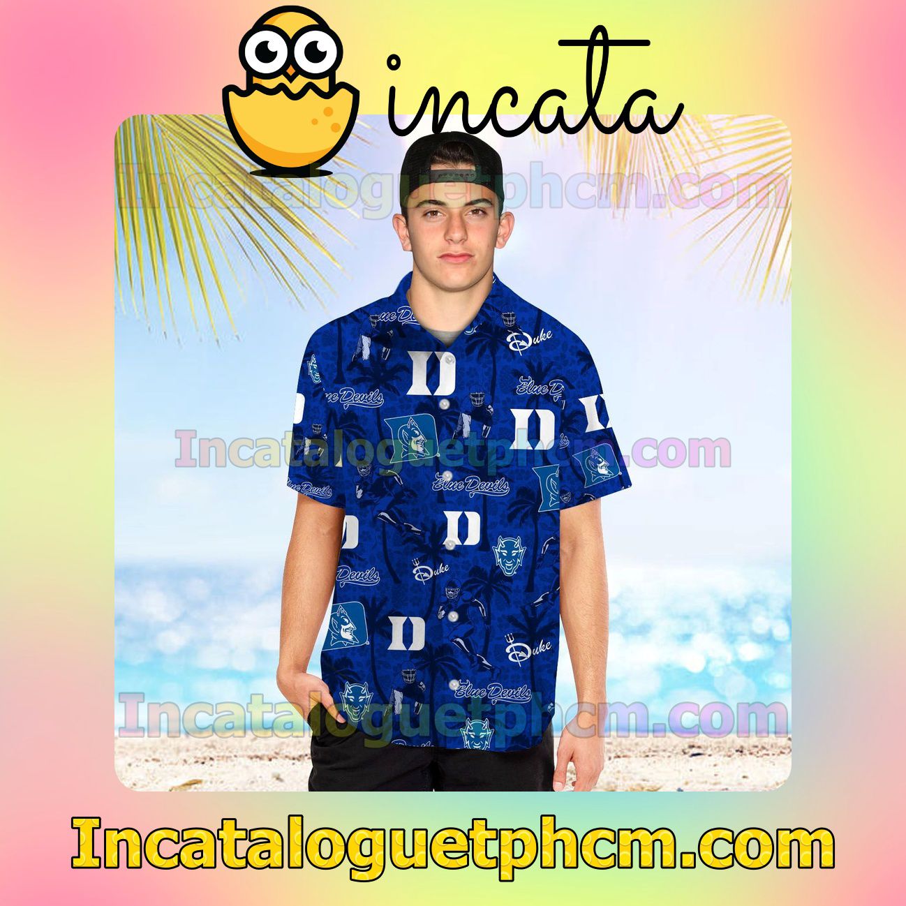 Duke Blue Devils Tropical Coconut Tree Beach Vacation Shirt, Swim Shorts