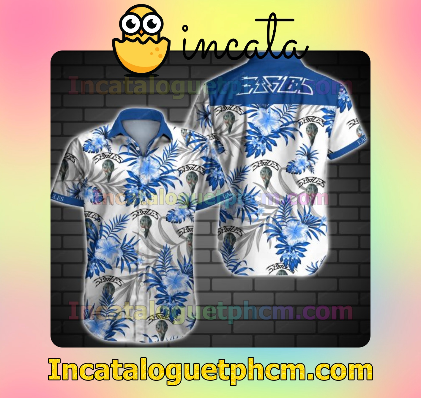 Eagles Blue Tropical Floral White Mens Short Sleeve Shirts