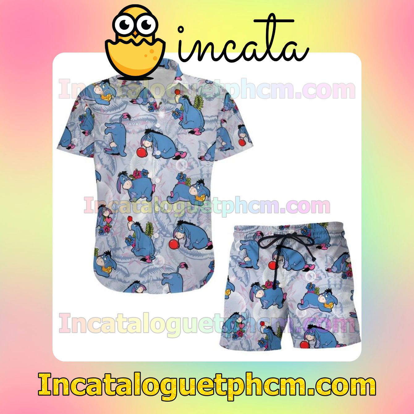 Mickey Mouse & Friends Disney Cartoon Graphics Combo Aloha Button Shirt And Swim Trunk