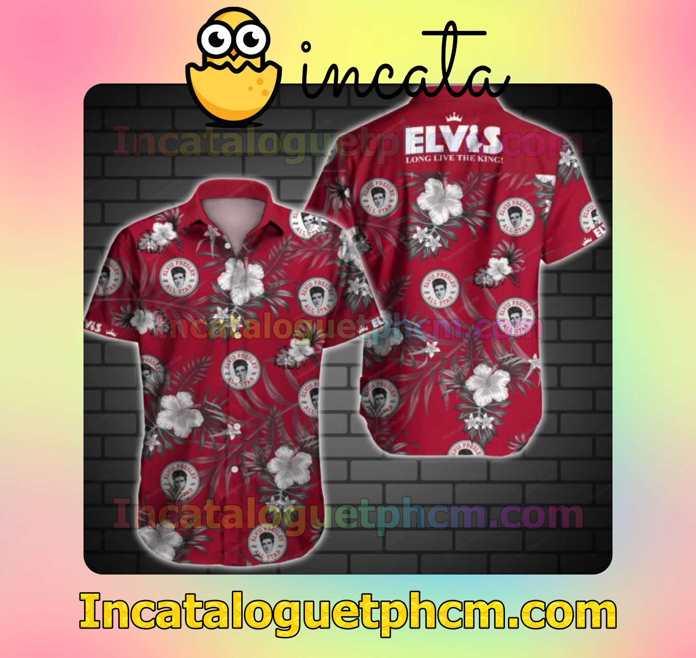 Elvis Presley Grey Tropical Floral Red Mens Short Sleeve Shirts