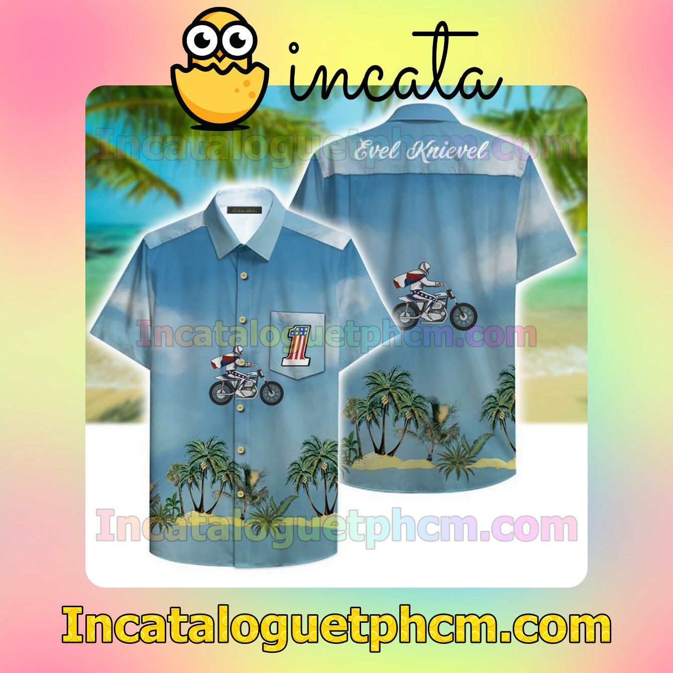 Evel Knievel Riding Motorcycle Palm Tree Blue Short Sleeve Shirt