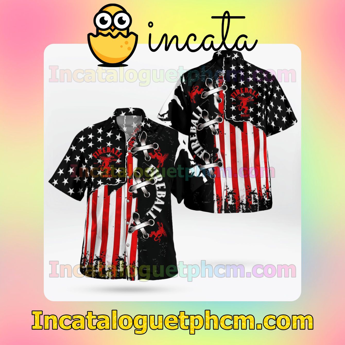 Fireball American Flag Color Button Shirt And Swim Trunk