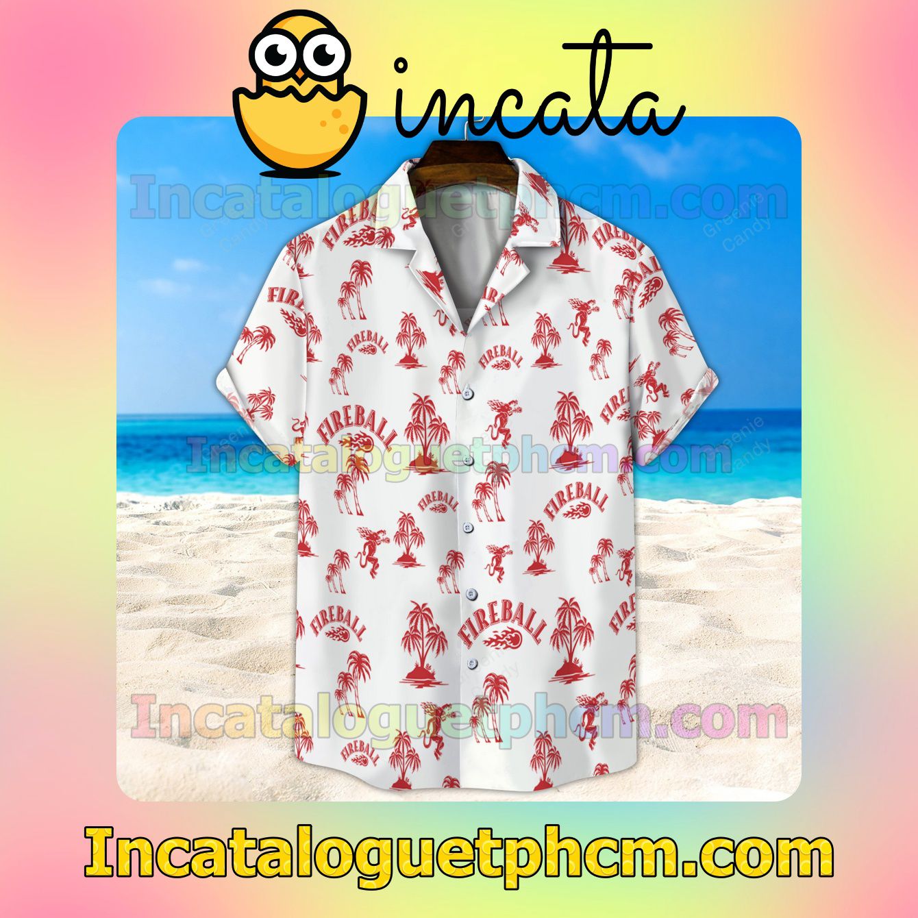 Fireball Palm Tree White Button Shirt And Swim Trunk