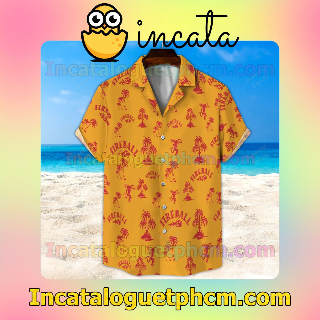 Fireball Palm Tree Yellow Button Shirt And Swim Trunk