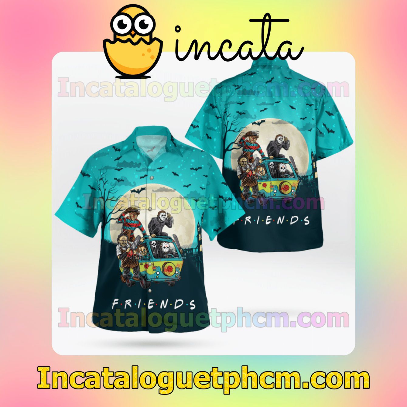 Friends Horror Characters On Hippie Bus Halloween Moon Mens Short Sleeve Shirts