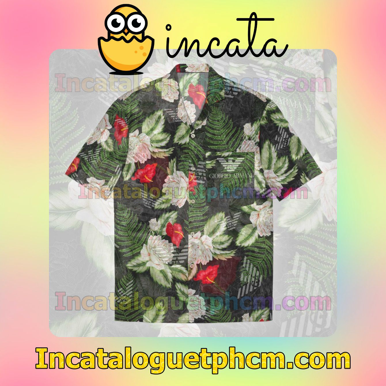 Giorgio Armani Flower Pattern Green Leaf Print Short Sleeve Shirt