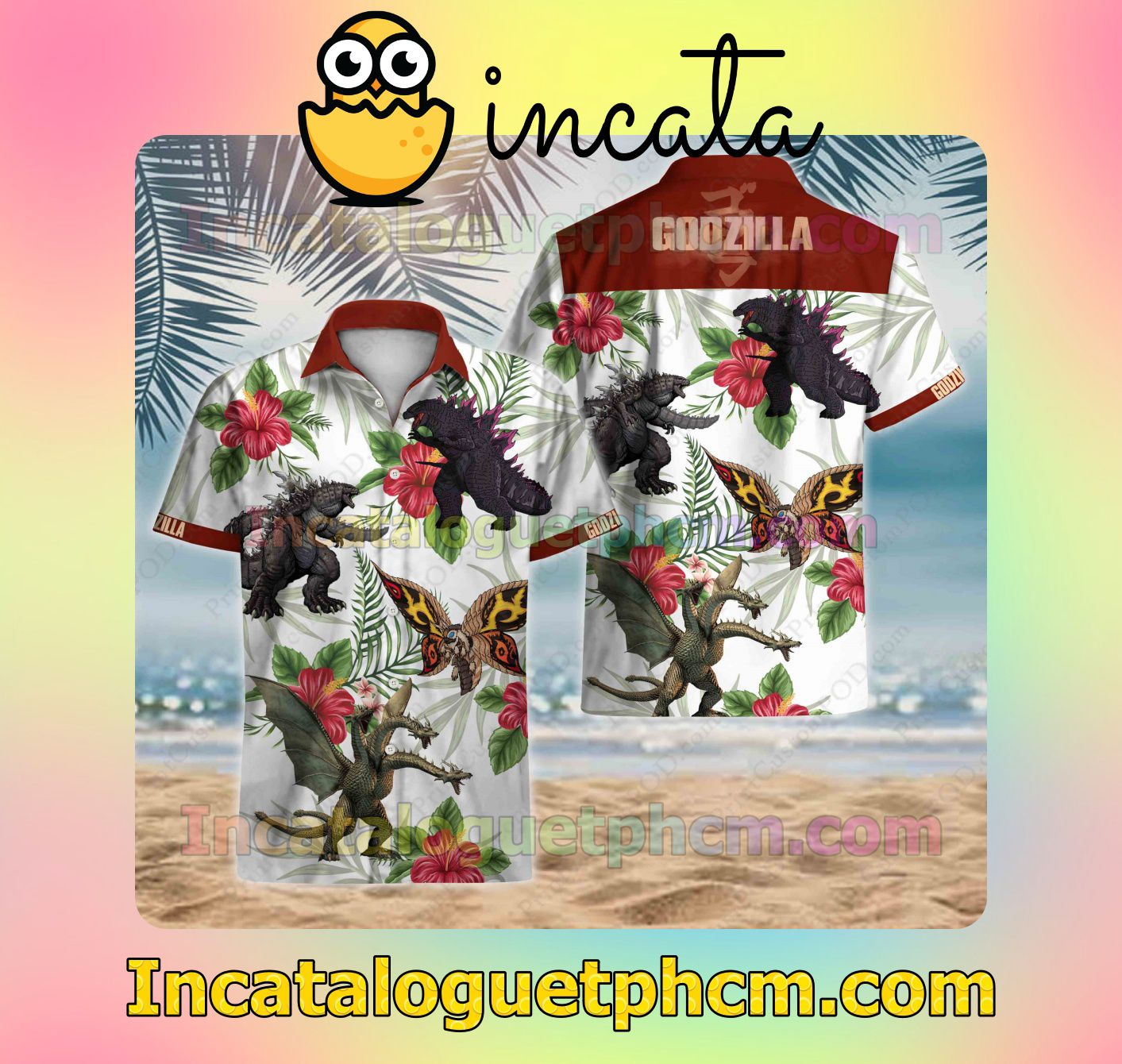 Godzilla Red Hibiscus Palm Leaf White Men's Casual Shirts