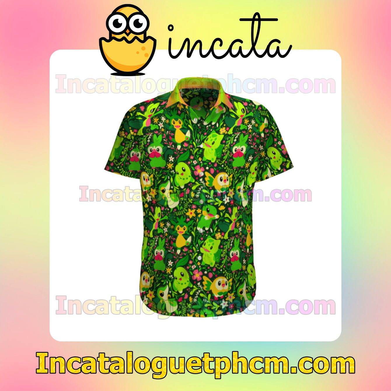 Grass Type Pokemon Floral Pattern Green Button Shirt And Swim Trunk