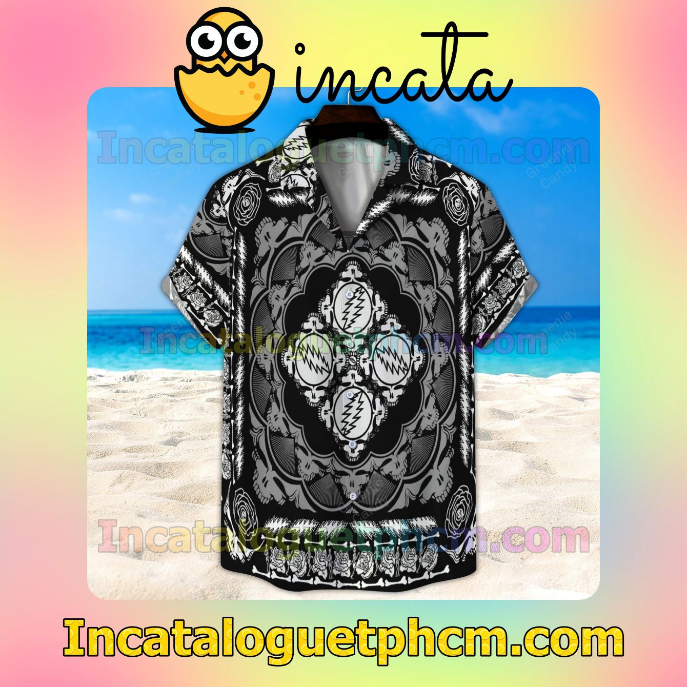Grateful Dead Black And White Pattern Button Shirt And Swim Trunk