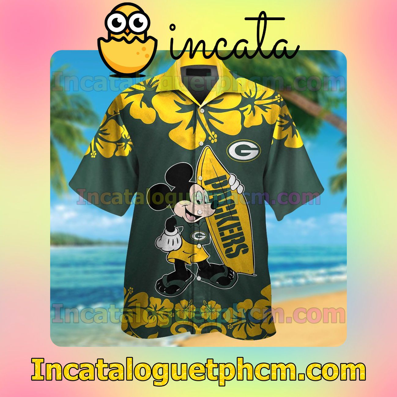 Green Bay Packers & Mickey Mouse Beach Vacation Shirt, Swim Shorts