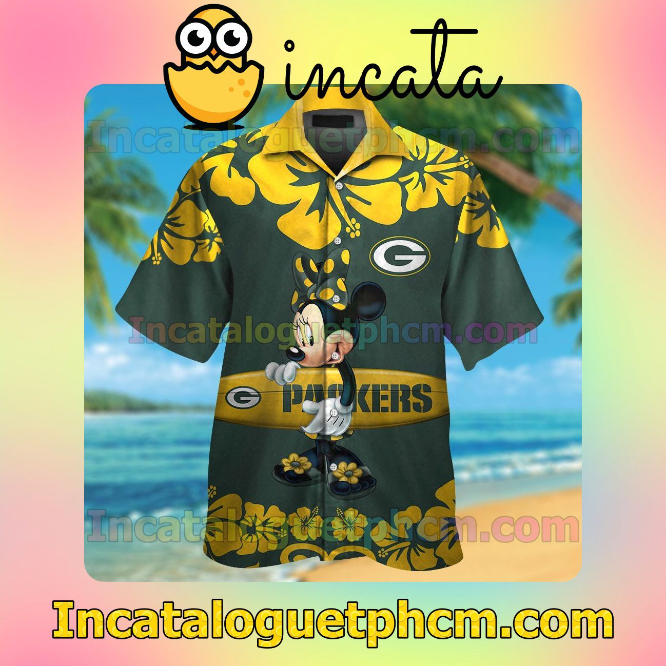Green Bay Packers & Minnie Mouse Beach Vacation Shirt, Swim Shorts