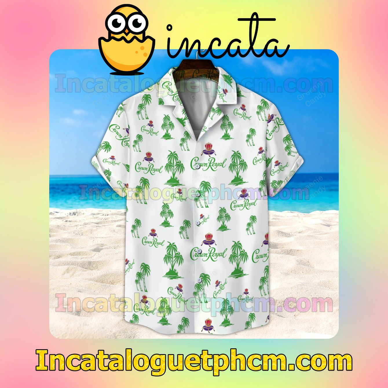 Green Crown Royal Palm Tree Unisex White Button Shirt And Swim Trunk